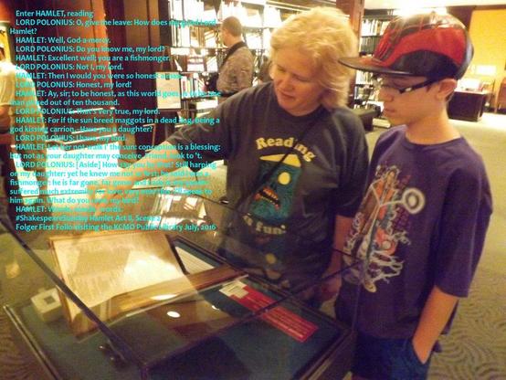 My sister Kristin exposing my nephew to an Folger Library Shakespeare First Folio, at the Kansas City Library in 2016.