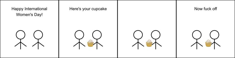 The comic features two stick figures. In the first panel, one says, “Happy International Women’s Day!” to the other. In the second, they hand over a cupcake, saying, “Here’s your cupcake.” The third panel is silent, showing them standing there, the second figure now holding the cupcake. In the final panel, the first figure bluntly says, “Now fuck off.” The comic satirizes the superficial way companies and institutions acknowledge International Women’s Day, offering symbolic gestures instead of meaningful action.