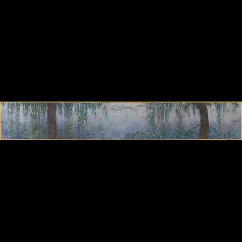 The image displays a painting by Claude Monet. It features a tranquil landscape with weeping willows that reflect onto the surface of water. The colors are soft and blend harmoniously into each other, which is characteristic of Monet’s Impressionist style. The vertical orientation of the canvas emphasizes the natural beauty of the scene.