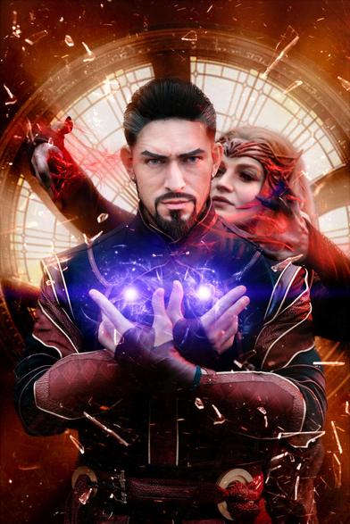 cosplay picture of doctor strange and wanda. Cosplayer are Stylouz and medusa