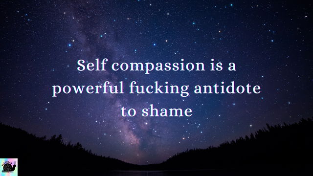 A starry night sky background, with the silhouette of trees on hills at the bottom. In white writing in the sky it reads:
"Self compassion is a powerful fucking antidote to shame"