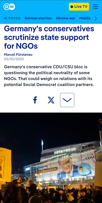 Screenshot:
Germany's conservatives scrutinize state support for NGOs

03/02/2025March 2, 2025
Germany's conservative CDU/CSU bloc is questioning the political neutrality of some NGOs. That could weigh on relations with its potential Social Democrat coalition partners