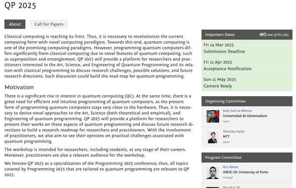 Screenshot of the QP workshop website. The displayed submission deadline is Fri 14 Mar 2025