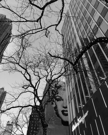 Black and white photo of Marilyn Monroe mural on Michigan Avenue. 
