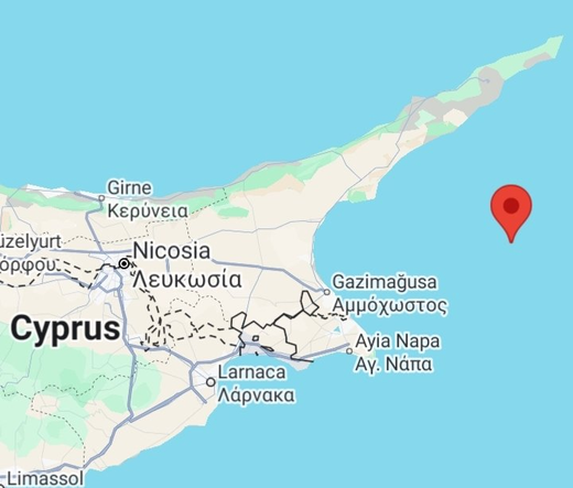 Eine Karte zeigt eine Position nahe Zypern, östlich von Nikosia.