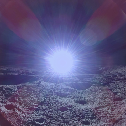 A stunning image of the sunrise over the Moon’s surface, captured by Firefly Aerospace’s Blue Ghost lander. The Sun appears as an intense, radiant orb just above the lunar horizon, casting a brilliant light over the cratered terrain of Mare Crisium. Lens flares streak across the dark sky, highlighting the stark contrast between the Sun’s glow and the Moon’s airless, shadowed landscape. This historic photo marks a new era of private lunar exploration.