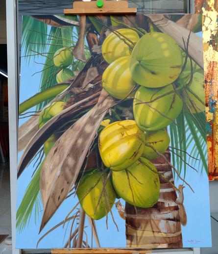 a painting of a coconut tree with southeast asian squirrels on it, at least three of them, a bright blue sky, the coconuts very green 