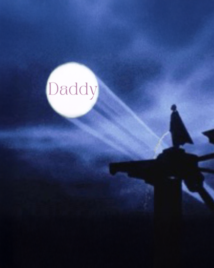 An illustration of Batman looking at the bat-signal in the sky with the word 'Daddy' inside.