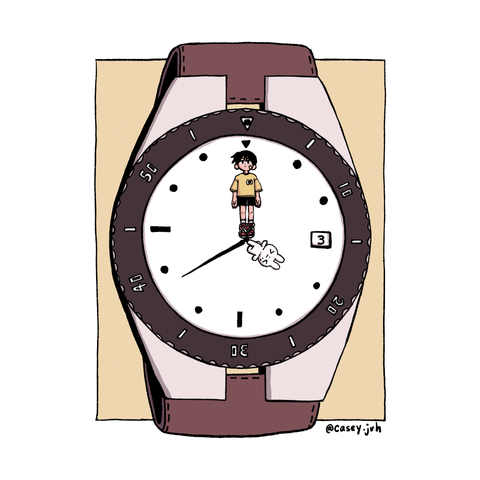 An illustration of a watch with a boy and a rabbit as the minute and hour hands.