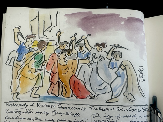 Watercolor and ink illustration of Julius Caesar about to be stabbed by his senators