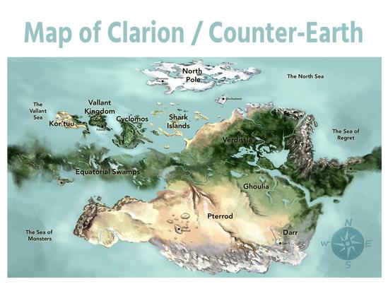 A world map labelled Map of Clarion / Counter-Earth

One main continent. A vast desert in the south hemisphere, a ring of swamplands around the equator, a forest in the North alongside smaller islands, and a frozen North Pole. 