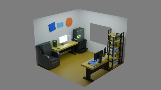 3d model of an office with 2 desk and computers.