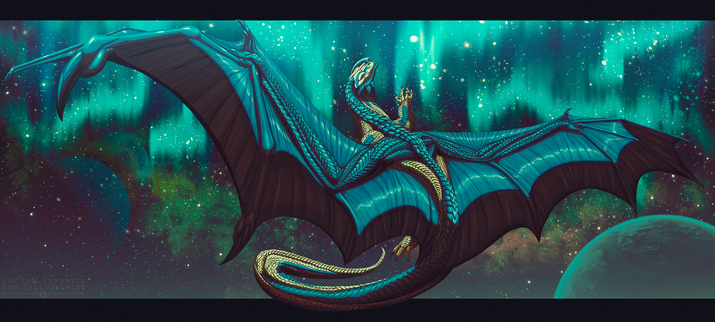 Yellow grey dragon rising high into the sky illuminated by a vibrant aurora borealis. 