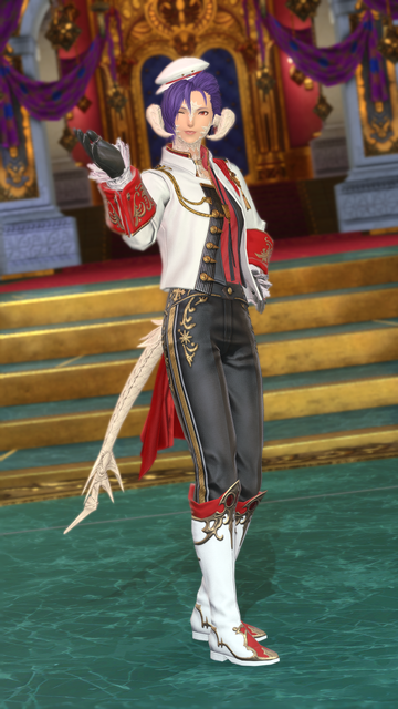 Berin Rinrin in an ornate white, red and black boyband costume, raising one hand palm up in greeting and winking at the viewer with a smile.