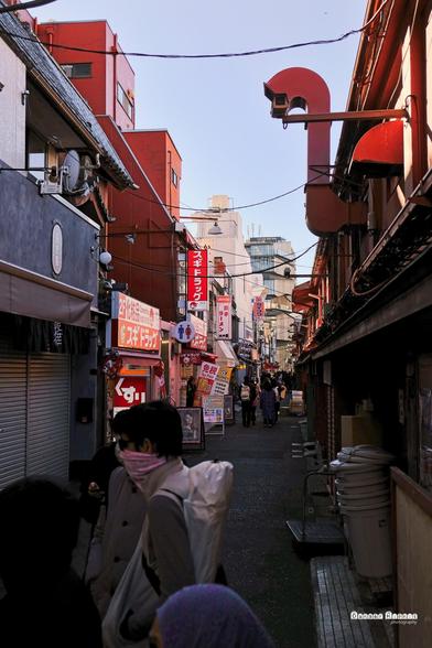 A photograph of a side street around Senso-ji temple.  It is densely packed with signs, and a few small groups of people populate the foreground and background, with a span of alleyway leading the eye between them. 
