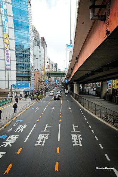 A photograph taken from atop a pedestrian bridge over a wide road over the Izumi-bashi bridge in Tokyo.  The long lines lead to a far-off cluster of cars.