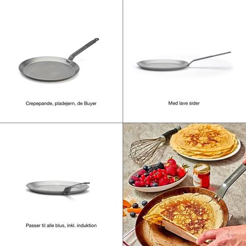 Foto af en crepepande med disse fordele: Med lave sider + Passer til alle blus, inkl. induktion.