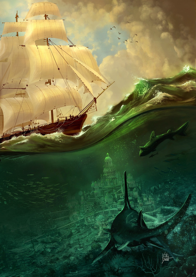 Un bateau en pleine mer, vue de l’Atlantide sous l’eau