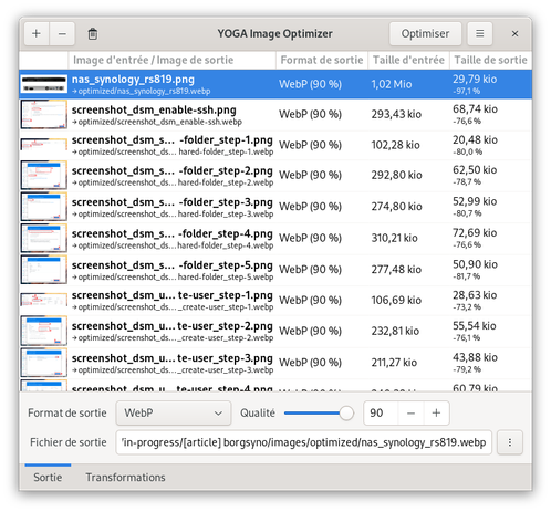 Capture d'écran de YOGA Image Optimizer, un petit utilitaire graphique en GTK pour convertir et optimiser des images par lot (dispo sous Linux et Windows)