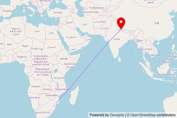 A map showing the great circle route from Chókwè in Mozambique to a map pin at Sarswati temple, Katti, Bestada, Dailekh, Nepal