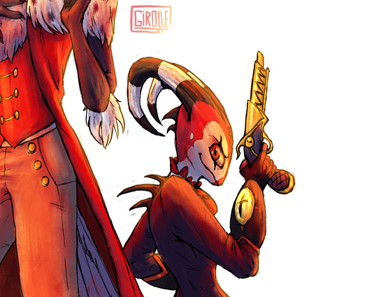 détails du dessin. portrait de blitz le diablotin avec un pistolet doré