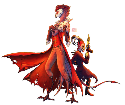 fanart de deux personnages un diablotin en bas à droite avec un pistolet et un démon oiseau-chouette à gauche avec un manteau-cape.