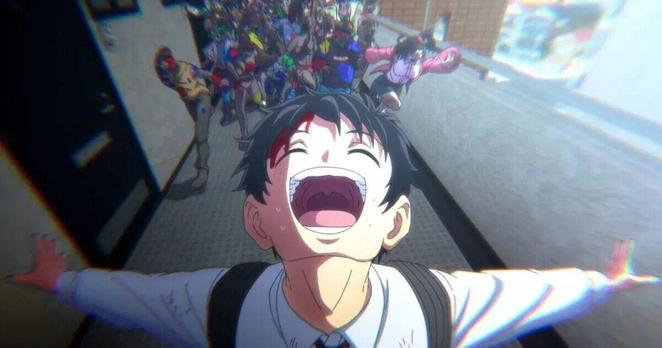 Screenshot from Zom 100: Bucket List of the Dead that depicts Akira Tendo running gleefully away from a pack of zomibies