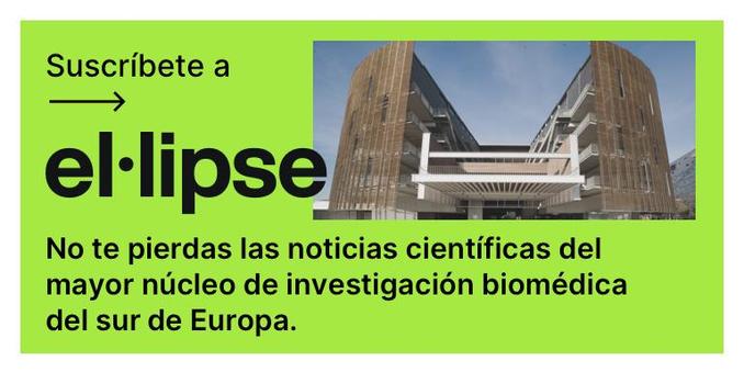 Una foto del PRBB, un edificio elíptico de madera dedicado a la investigación biomédica. La imagen llama a suscribirse a el·lipse, el boletín informativo del PRBB