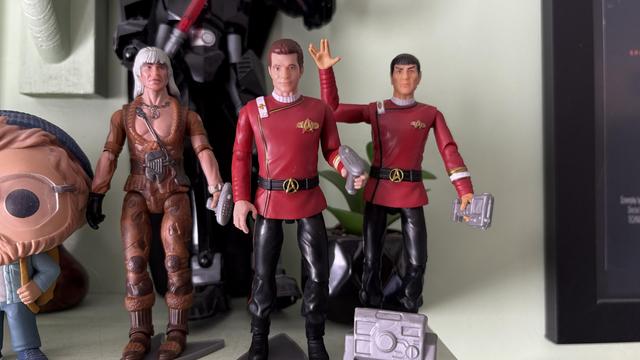 Bandai figurines of Khan, Spock and Kirk.