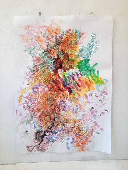 Drawn painting, painted drawing

178x122,5cm
Acrylic brushstrokes, pencil, marker patterns on white cardboard.