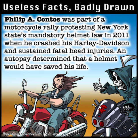 Philip A. Contos was part of a motorcycle rally protesting New York state's mandatory helmet law in 2011 when he crashed his Harley-Davidson and sustained fatal head injuries. An autopsy determined that a helmet would have saved his life.