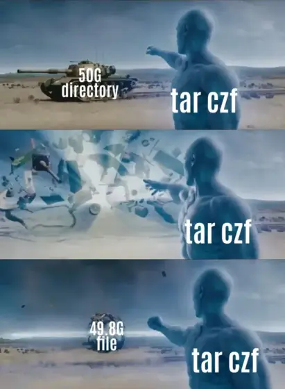 A meme showing how the tar czf command is expected to compress a 50GB directory but only slightly reduces the size to 49.8GB.