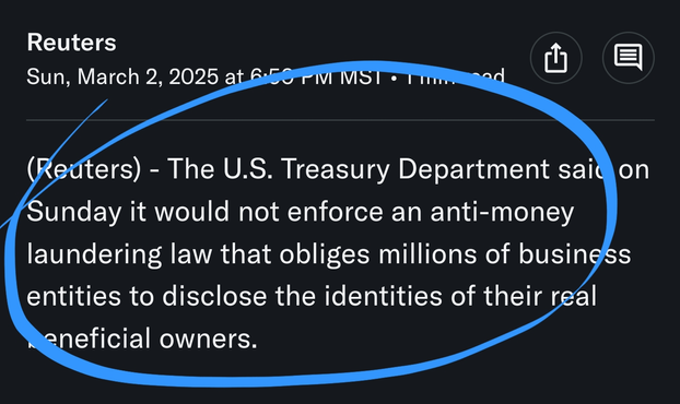 (Reuters) - The U.S. Treasury Department said on Sunday it would not enforce an anti-money laundering law that obliges millions of business entities to disclose the identities of their real beneficial owners.