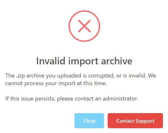 Fenêtre d'erreur "Invalid import archive" affiché lorsqu'on essaie d'importer son archive Instagram au format zip depuis Pixelfed.
