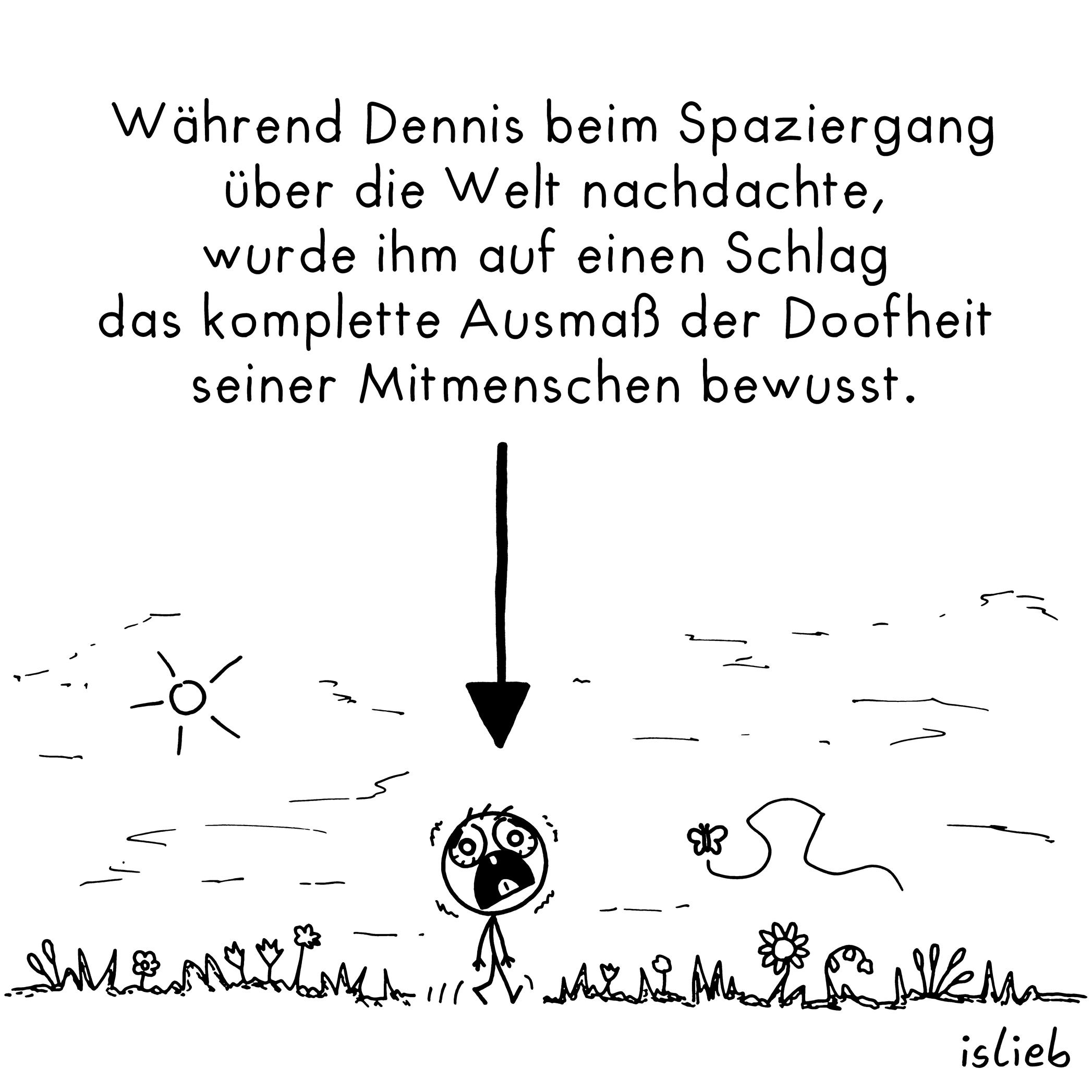 Kleiner Comic. Während Dennis beim Spaziergang über die Welt nachdachte, wurde ihm auf einen Schlag das komplette Ausmaß der Doofheit seiner Mitmenschen bewusst. Der Comic zeigt Dennis, der mit fassungslos entsetztem Blick durch die Natur läuft.