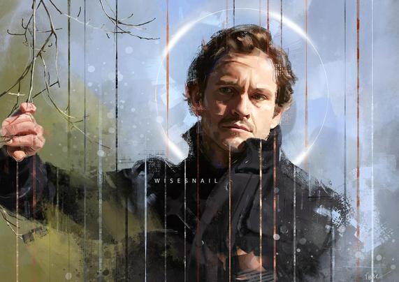 Portrait of Hugh Dancy as Will Graham. He is wearing a dark blue jacket, and he is moving away some branches at the left of the painting with his right hand. A white halo surrounds his heady. The background is rendered in tones of blue and green.
