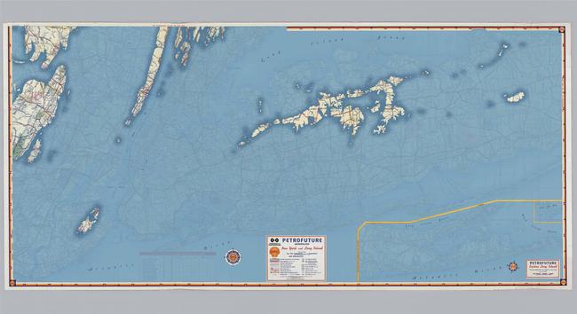 Petrofuture Long Island--66m sea level rise on top of 1956 Shell Oil map of Long Island, showing Manhattan, New Jersey, and Staten Island