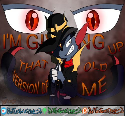 Digital art of commissioner's character The Usurper, a humanoid weavile witch, smiling evilly in a dark, abstract background. The song Lyrics "I'm Giving up that old version of me" is behind her in colored text.