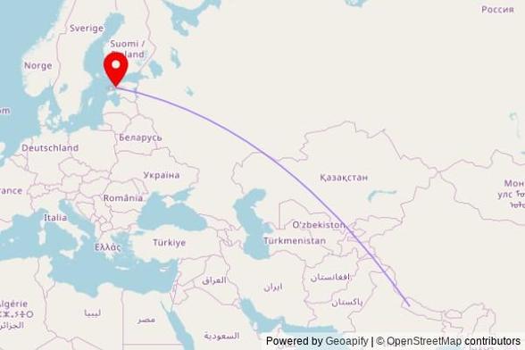 A map showing the great circle route from Bestada in Nepal to a map pin at Haapsalu Jaani kirik, Kooli 4, 90502 Haapsalu, Estonia