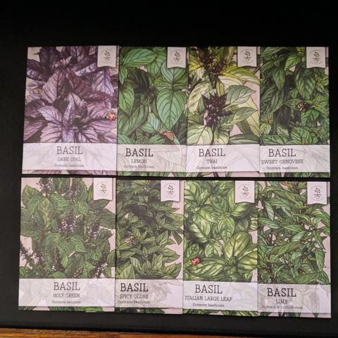 A square cropped photo showing 8 different types of basil seeds in paper packets. Top row left to right Dark Opal, Lemon, Thai, Sweet Genovese. Bottom row left to right Holy Green, Spicy Globe, Italian Large Leaf, Lime. Each packet has artistic representations of the plants and some blossoms. The dark opal basil is purple colored, the Thai is light green with purple flowers, the Holy Green has lavender colored flowers. Some show insects that cold be ladybugs/birds, yellow and black striped beetle, flying pollinators. They are labeled Ocimum basilicum.