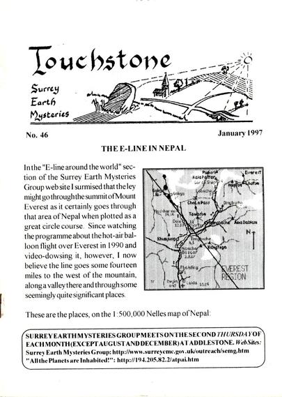 The front cover of Touchstone: Surrey Earth Mysteries No 46 for January 1997. Plain white with title panel and the first part of an article concerning ley lines in Nepal.