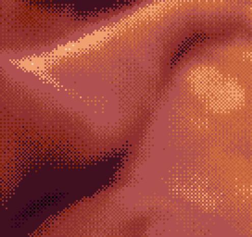 An abstract image consisting of light and dark red areas of what appears to be a folded piece of material. The image is low resolution and heavily pixelated, with very obvious signs of dithering. 