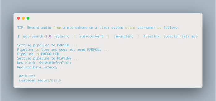 A screenshot showing this Linux tip on how to Record audio from a microphone on a Linux system using gstreamer