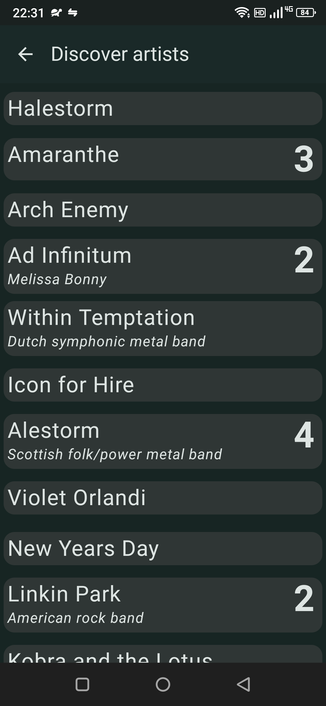 Screenshot showing the similar artists of Ankor. Starting with Arch Enemy, Ad Infinitum, Within Temptation and many others.
On the right you can see the value of already tracked artists. It means hiw much you like that artist.