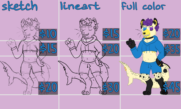 Image ID: The artist's commission sheet with prices and examples. Sketches: headshot $10, halfbody $15, fullbody $20. Lineart: headshot $15, halfbody $20, fullbody $30. Full color: headshot $20, halfbody $30, fullbody $45. End ID.