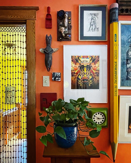 Odd art and a beaded curtain