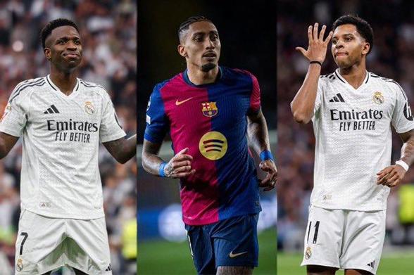 Imagem dividida em 3 com as fotos de Vinicius Junior, Raphinha e Rodrygo