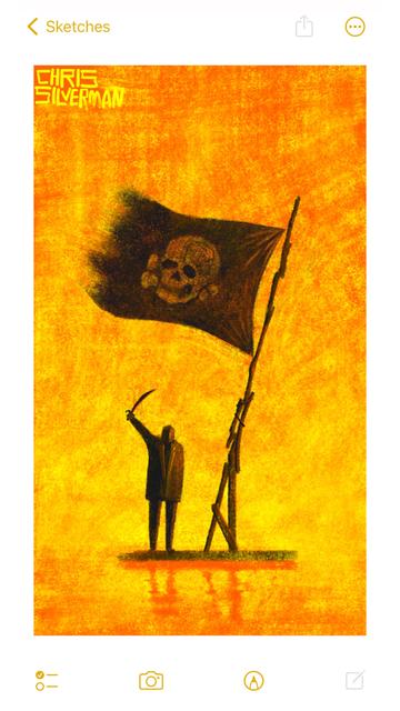 A small raft sits in the middle of a large body of water. The sky and the water are a bright sunny mix of red and yellow; it's not clear where the sky ends and the water begins. There is a suggestion of fog. Dominating the scene is a vast black pirate flag—a ragged, grinning skull and crossbones, hoisted on an extremely unstable-looking flagpole that is cobbled together from smaller pieces of wood. The pole leans rightward at a slight angle. Standing on the raft to the left of the flag is a much smaller figure that looks like it is wearing a suit. It is raising its right hand and brandishing a pirate sword. The painting is signed "Chris Silverman".