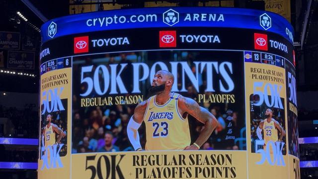A graphic of LeBron James highlighting his career achievement of 50,000 points Regular Season and Playoffs combined on the video board at Staples Center on March 4, 2025 against the New Orleans Pelicans 