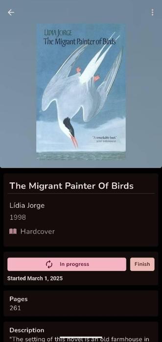 Screenshot of app. The book cover of The Migrant Painter Of Birds by Lídia Jorge is displayed on the top half, below are details and statistics about the book